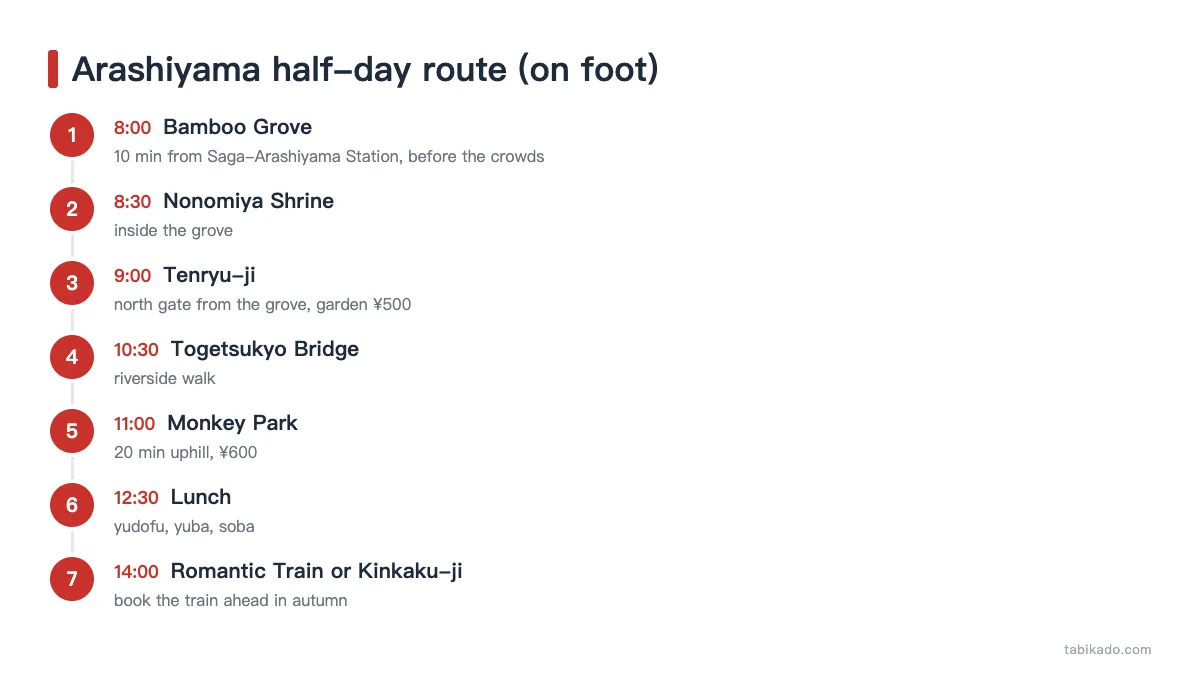 Arashiyama half-day route: bamboo grove, Nonomiya, Tenryu-ji, Togetsukyo, Monkey Park