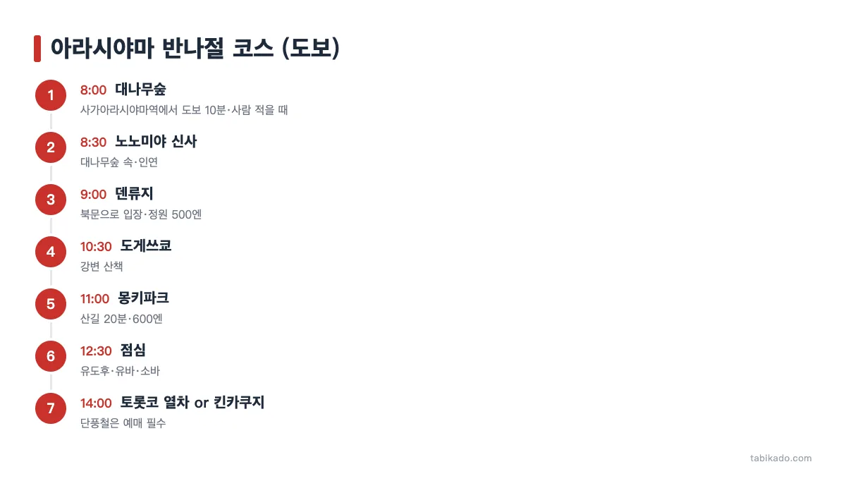 아라시야마 반나절 코스: 대나무숲, 노노미야 신사, 덴류지, 도게쓰쿄, 몽키파크